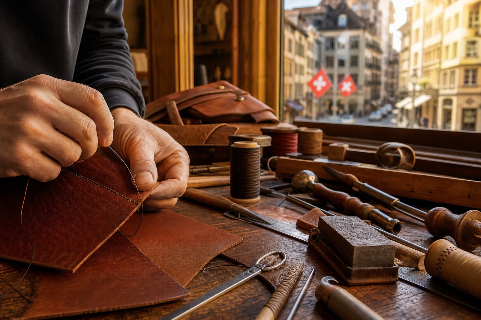 Mains d’un artisan découpant et cousant du cuir sur un établi avec des outils en bois, bobines et peaux, lumière naturelle d’une fenêtre surplombant une rue pittoresque de Genève.