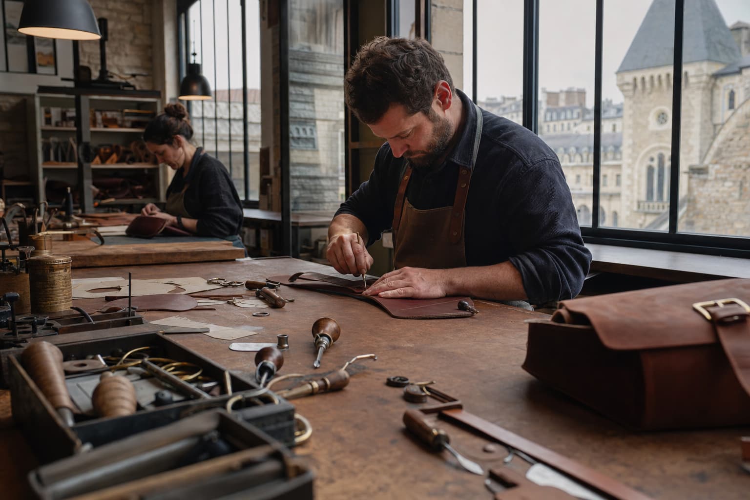 Des artisans fabriquent des sacs en cuir à la main dans un atelier traditionnel en Normandie, avec des outils et des morceaux de cuir visibles, éclairés par la lumière naturelle provenant de grandes fenêtres.