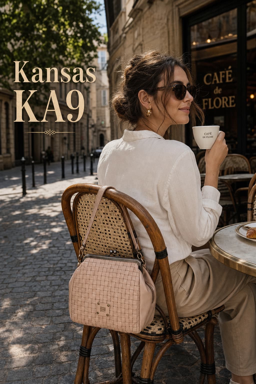 Femme assise à une terrasse de café dans une vieille ville européenne, sac seau en cuir marron clair BIBA Kansas KA9 accroché au dossier de sa chaise, tenue décontractée chic, lumière naturelle ombragée, style éditorial de voyage, avec texte superposé vintage