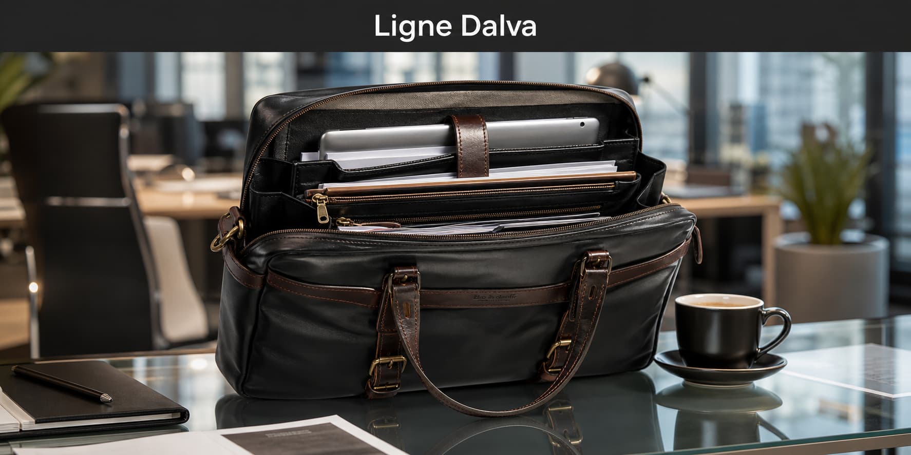 Sac en cuir noir de la marque Bleu de Chauffe, modèle Dalva, ouvert sur un bureau en verre, révélant une tablette et des documents dans ses compartiments, avec une tasse de café à côté, arrière-plan de bureau flou, éclairage contrasté, et le texte