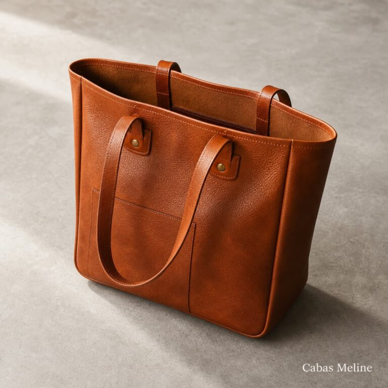 Sac cabas en cuir pleine fleur de couleur cognac, présenté de trois-quarts, dessus ouvert sur fond de béton, avec l'inscription 'Cabas Meline' en bas à droite.
