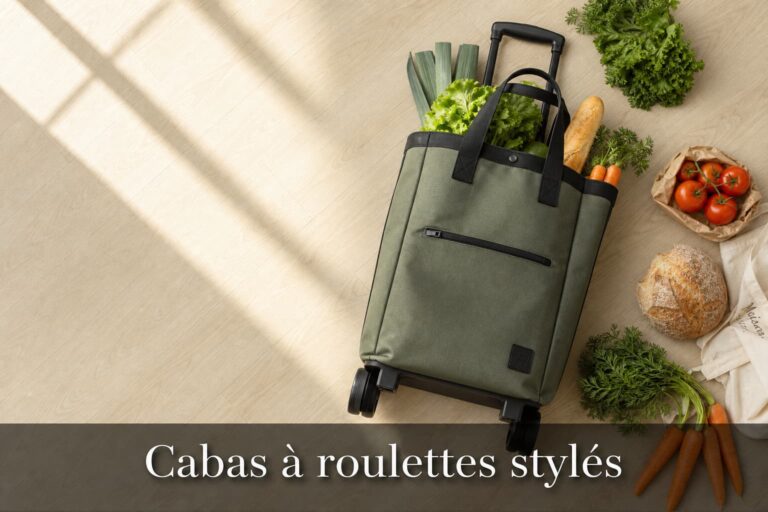 Un cabas de courses moderne à roulettes entouré de légumes et de baguettes de pain sur un parquet en bois clair, vu du dessus.