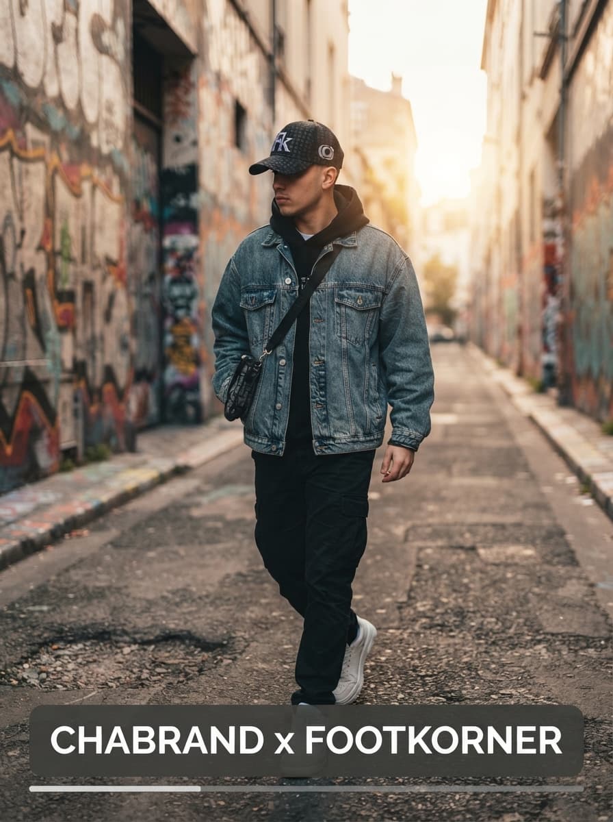 Jeune personne portant une casquette Chabrand x Footkorner dans une ruelle urbaine avec du street art en fond flou.