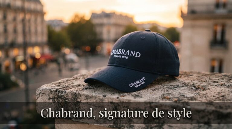 Casquette Chabrand angulaire sur rebord en béton montrant logo brodé et visière, fond urbain flou au coucher de soleil, bandeau texte superposé 'Chabrand, signature de style'.