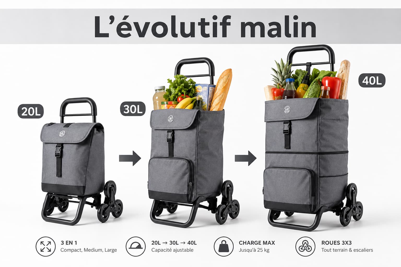 Trois chariots de courses 3-en-1 gris, alignés côte à côte, montrant leurs capacités de 20, 30 et 40 litres, avec des flèches de style infographique indiquant le processus d
