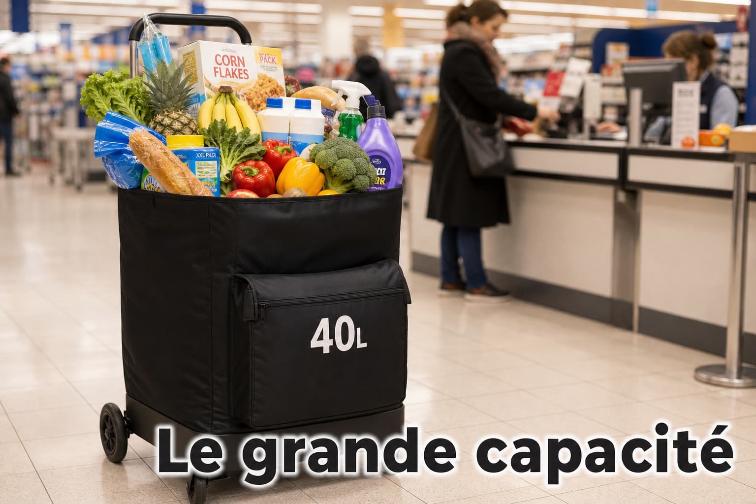 Un grand chariot de courses à roulettes de 40 litres chargé de produits alimentaires et ménagers, au premier plan net dans une allée de caisse de supermarché, avec le texte 