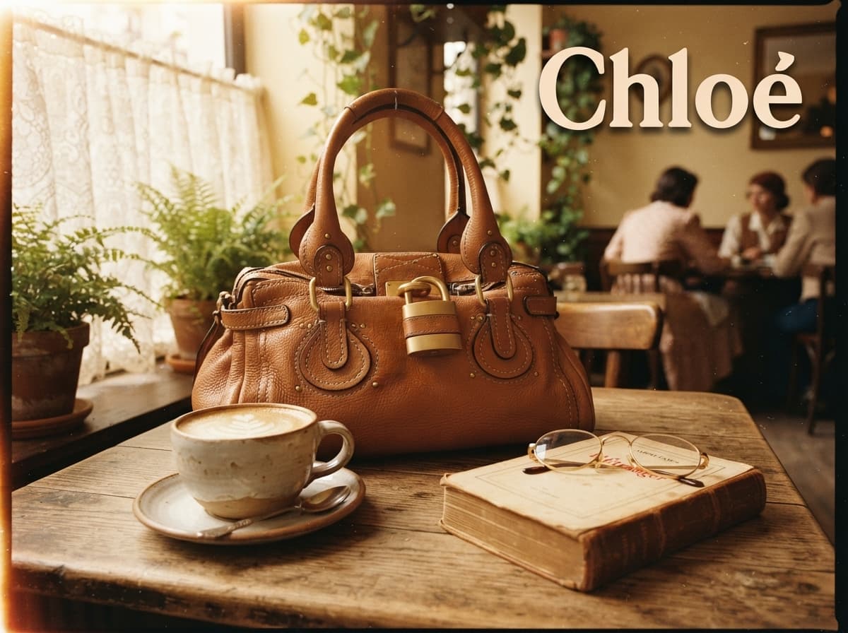 Sac Chloé Paddington en cuir marron avec cadenas visible, posé sur une table en bois rustique à côté d