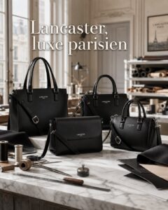 Des sacs Lancaster sont disposés sur un comptoir en marbre avec des outils de maroquinerie sous une lumière naturelle, accompagnés du texte « Lancaster, luxe parisien ».