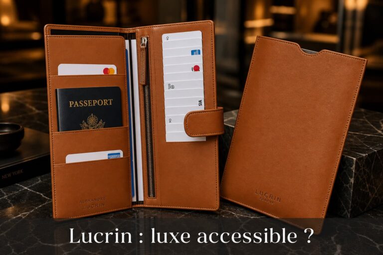 Disposition soignée d'un portefeuille en cuir marron cognac et d'un porte-documents de la marque Lucrin Genève sur une surface en marbre sombre, avec un éclairage doux mettant en valeur les textures et coutures, un arrière-plan flou évoquant une boutique élégante, et un texte superposé 'Lucrin : luxe accessible ?' en bas avec une ombre portée sur un fond sombre semi-transparent.