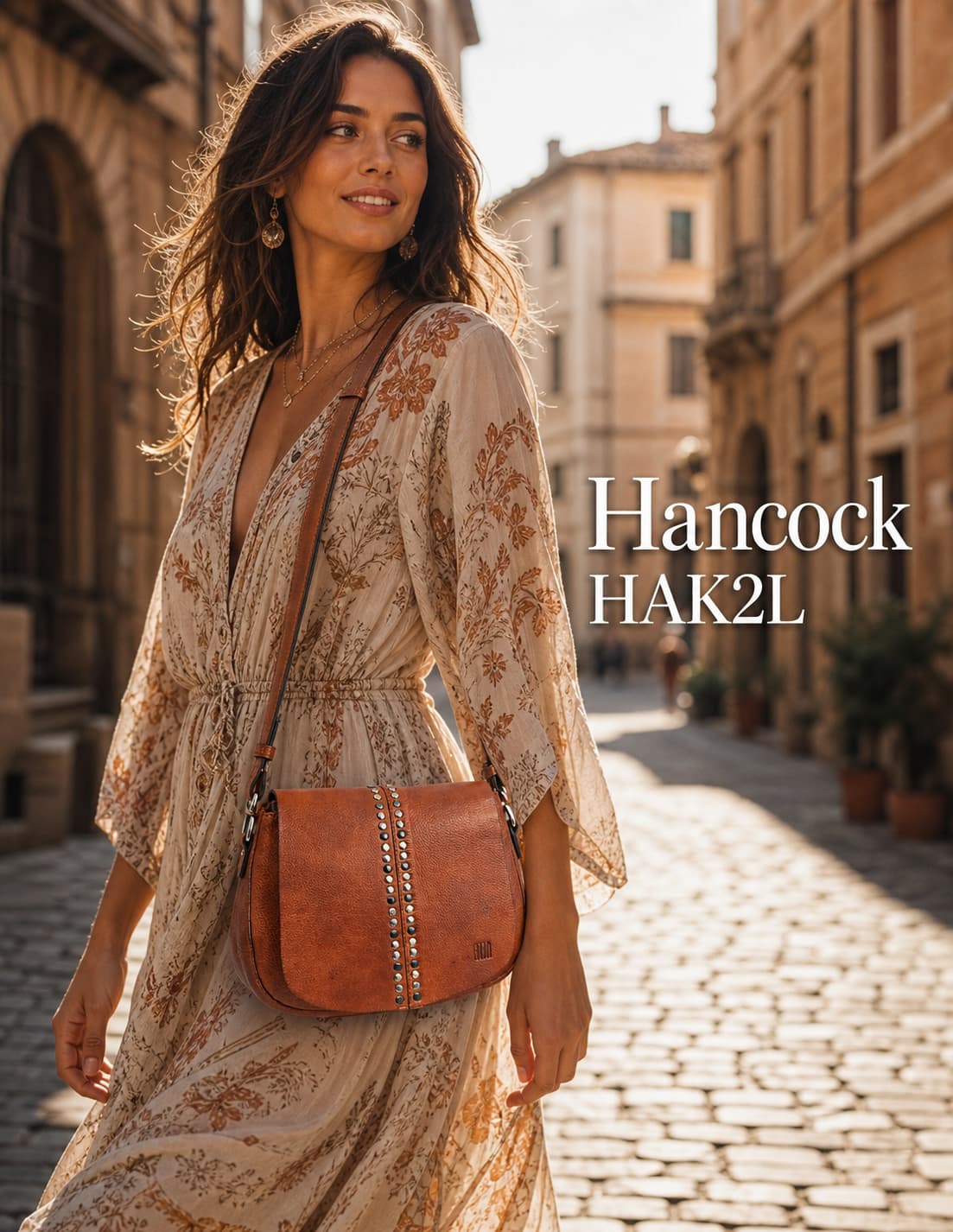 Femme en robe bohème marchant dans une rue européenne ensoleillée avec un sac à bandoulière BIBA Hancock HAK2L en cuir cognac, texte Hancock HAK2L superposé.