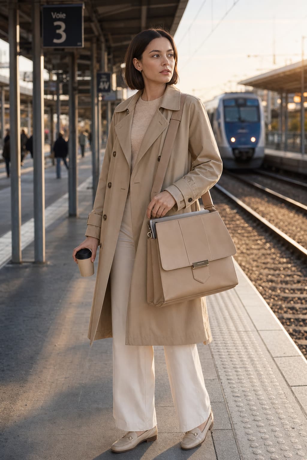 Une voyageuse debout sur un quai de train avec un grand sac à main Lancaster Paris Ily en cuir beige, un compartiment pour ordinateur apparent, dans une lumière douce du matin.
