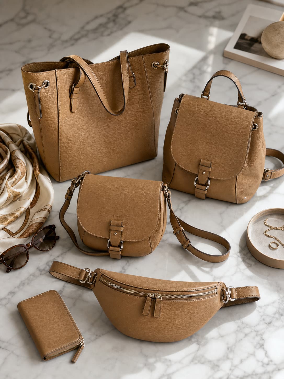 Un flat lay éditorial montrant différents modèles de sacs Mac Douglas, dont un cabas, un sac à dos, un sac bandoulière et un sac banane, posés sur un sol en marbre éclairé par une lumière naturelle.