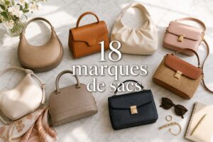 Un flat lay de sacs à main féminins de différentes marques, avec lunettes de soleil et foulard en soie sur une surface en marbre, éclairé par une lumière naturelle; texte superposé '18 marques de sacs' avec ombre portée.
