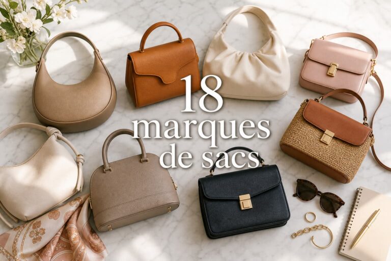 Un flat lay de sacs à main féminins de différentes marques, avec lunettes de soleil et foulard en soie sur une surface en marbre, éclairé par une lumière naturelle; texte superposé '18 marques de sacs' avec ombre portée.