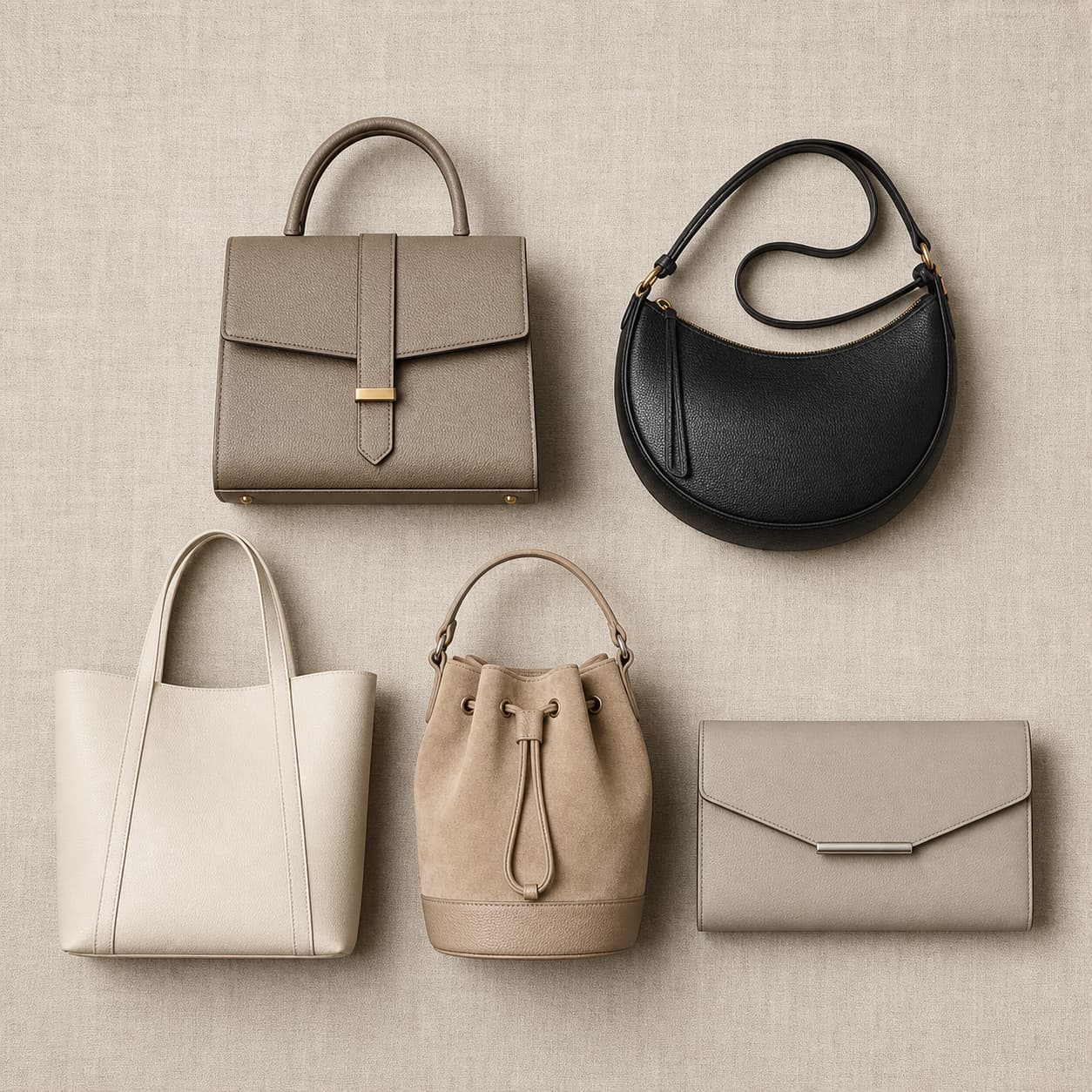 Cinq sacs à main modernes aux tons neutres, aux styles variés, disposés en grille sur un fond en lin beige, vus de dessus avec ombres douces.