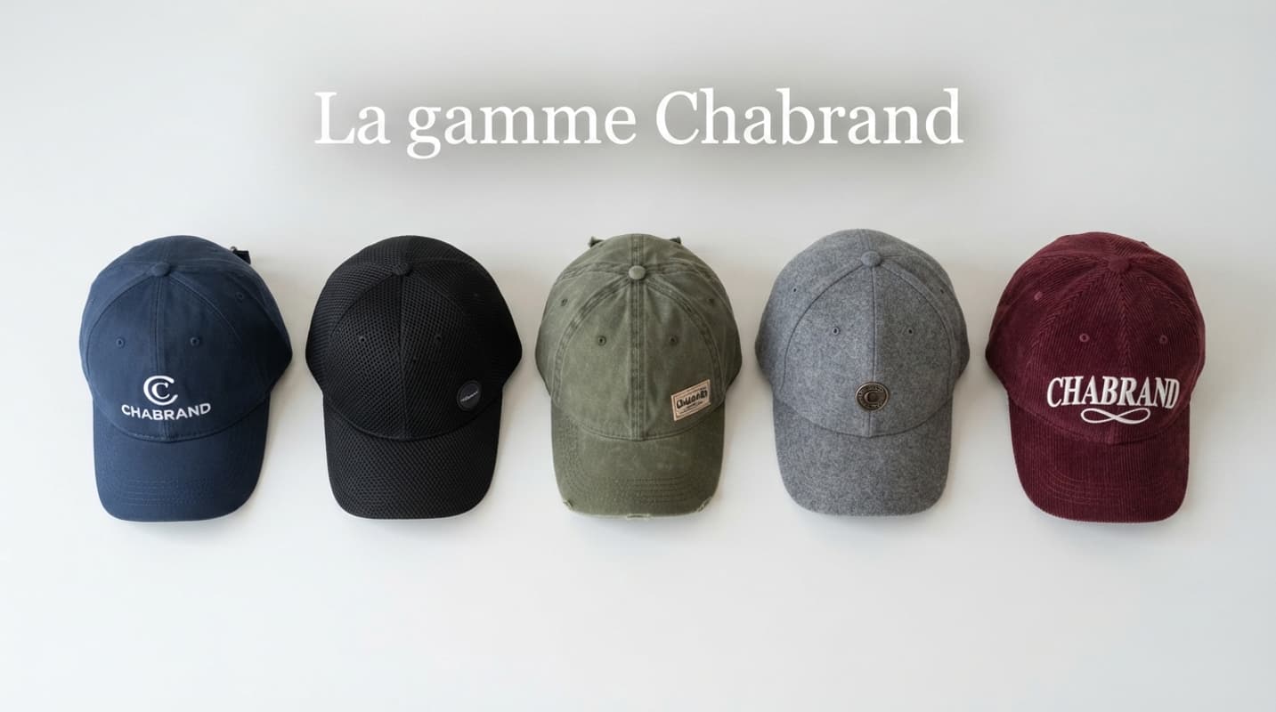 Cinq casquettes de la marque Chabrand aux couleurs et logos variés, disposées en grille sur fond blanc, vues de dessus avec un éclairage doux et le texte
