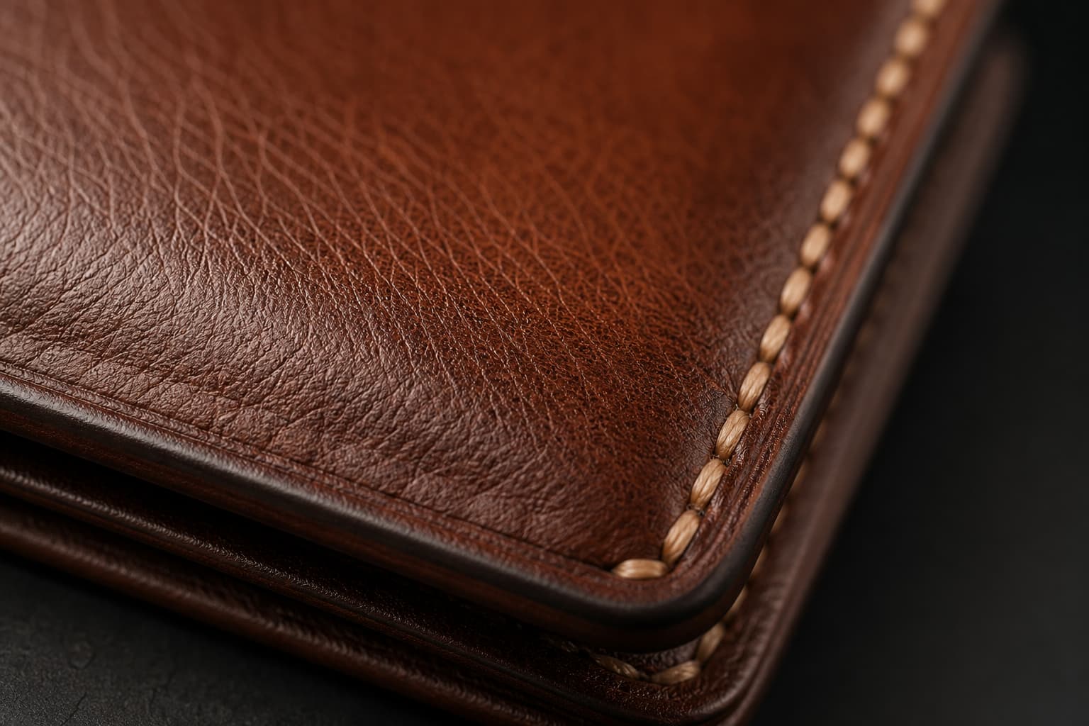 Surface en cuir luxueux en très gros plan, révélant grain naturel, léger brillant et couture main soignée.