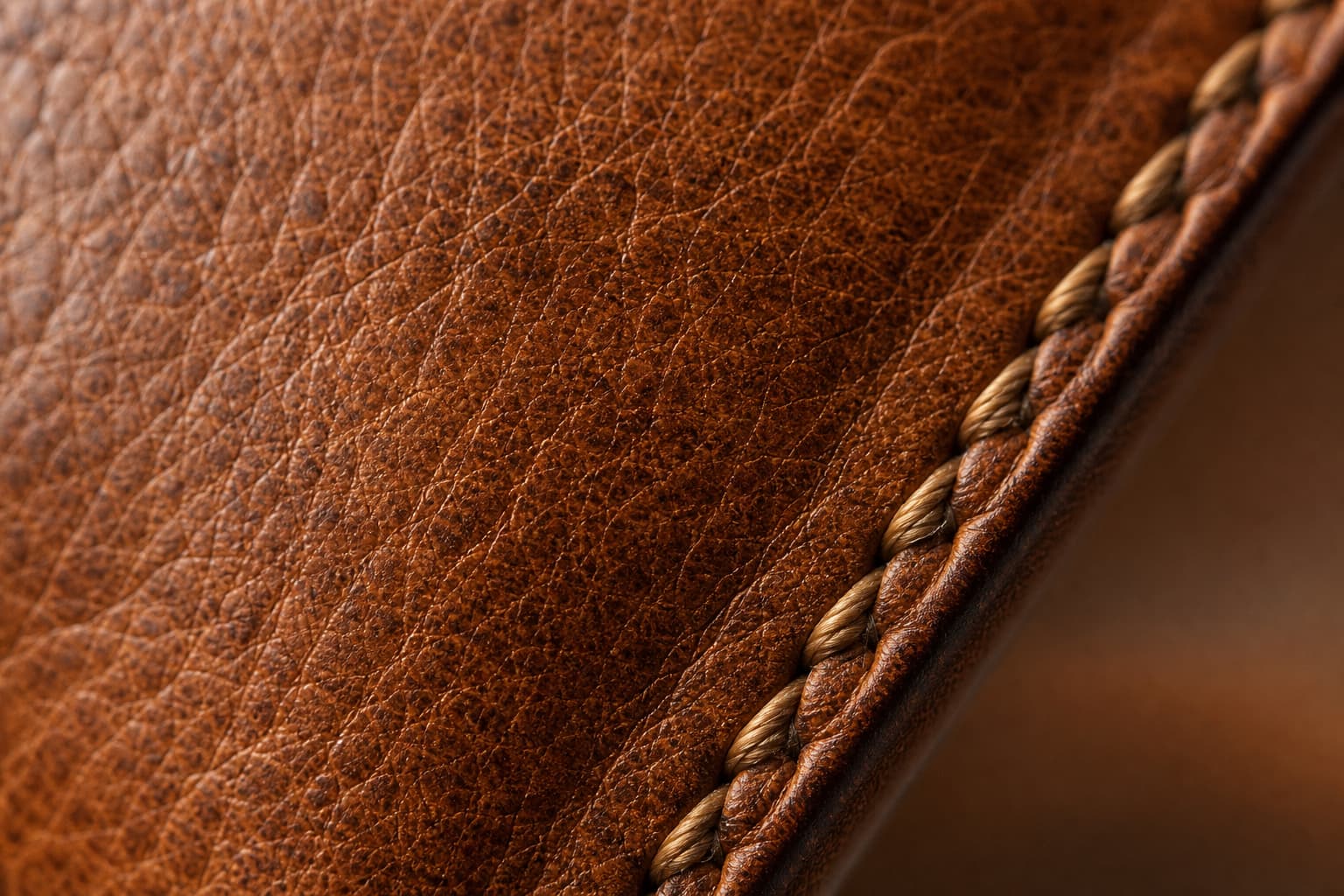 Gros plan macro sur un cuir pleine fleur de couleur ambrée, avec un grain naturel apparent et des coutures fines, sur fond flou.