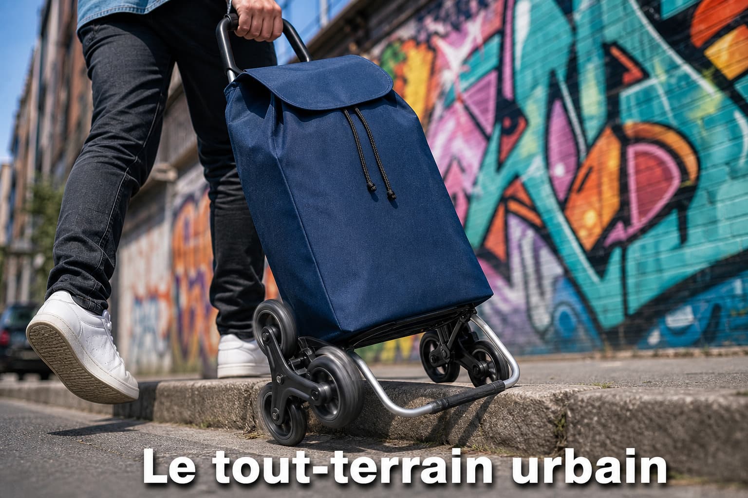 Un chariot de courses pliable bleu foncé avec des roues tout-terrain massives franchit une bordure de trottoir en ville, avec un mur de graffitis colorés en arrière-plan, en contre-plongée avec un flou de mouvement sur les roues, et le texte 
