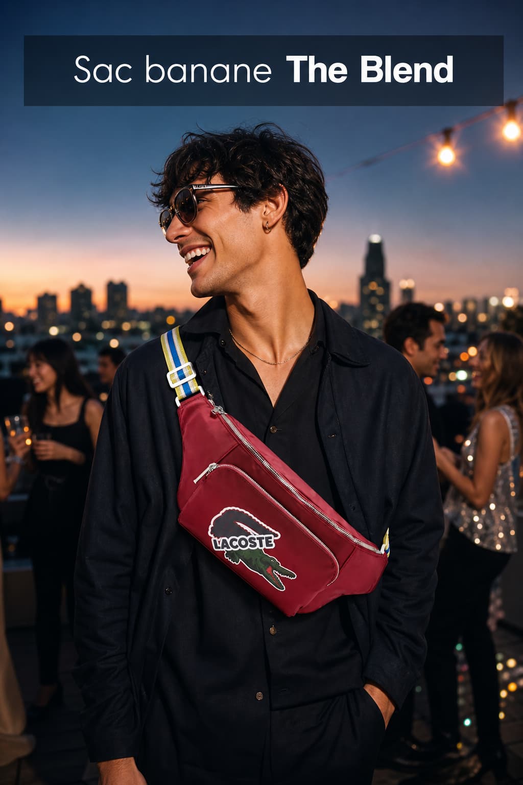 Jeune homme tendance riant à une soirée rooftop au crépuscule, portant un sac banane Lacoste The Blend rouge en bandoulière, avec skyline illuminée en fond et texte 