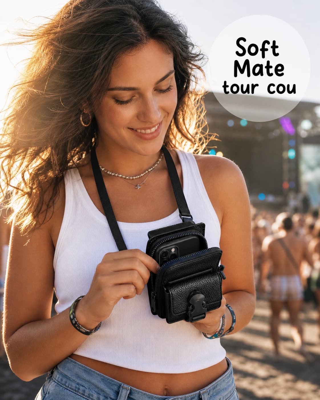 Une jeune femme dans une ambiance de festival tient ouverte une pochette Lacoste Soft Mate en cuir grainé autour de son cou, affichant un smartphone à l