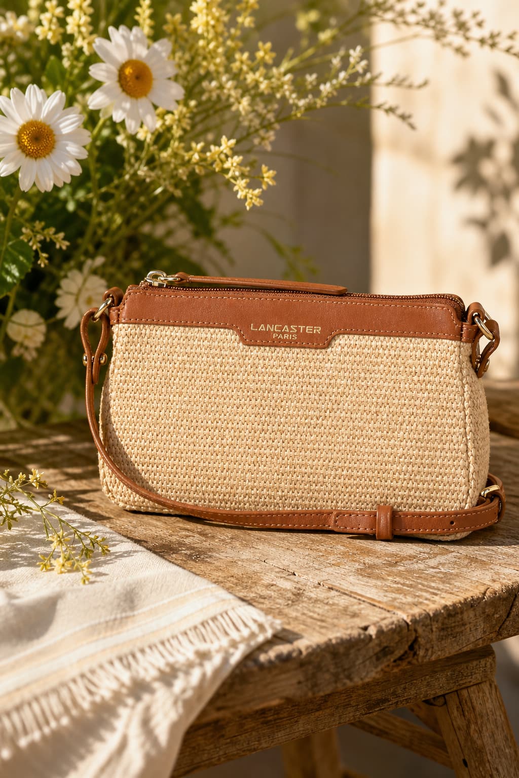 Sac à bandoulière Lancaster Mini Osier en osier tressé avec lanière en cuir, posé sur une table en bois ensoleillée entouré de fleurs estivales, dans un style éditorial de mode.