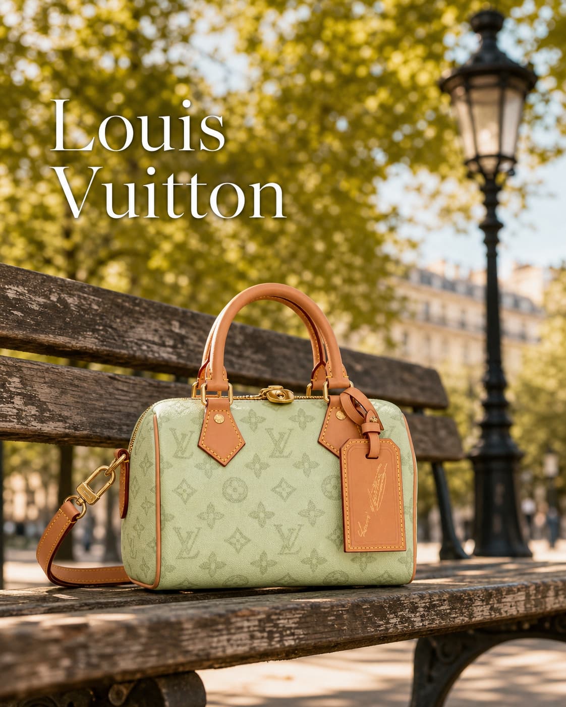 Sac Louis Vuitton Speedy en toile Monogram posé sur un banc en bois dans un parc parisien ensoleillé avec un lampadaire classique en arrière-plan flou et un texte