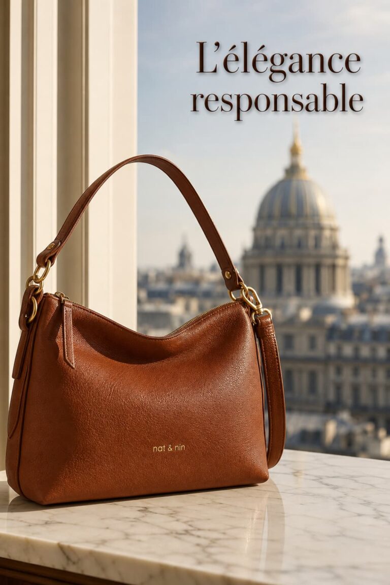 Sac à main en cuir cognac de la marque Nat et Nin posé sur une surface en marbre blanc, avec une silhouette de bâtiment parisien en arrière-plan flou, éclairé par une lumière chaude, et le texte 'L'élégance responsable' superposé.