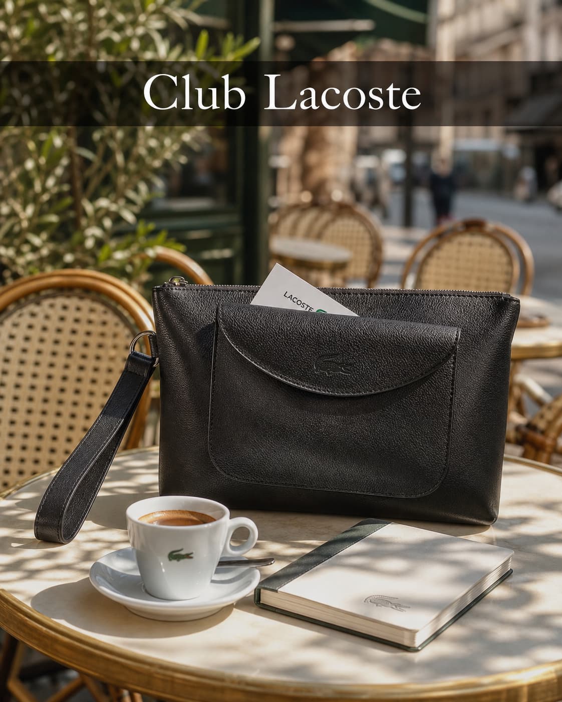 Pochette Club Lacoste en cuir grainé sur une table de café en terrasse parisienne avec un espresso, un carnet et une carte apparente, surmontée d