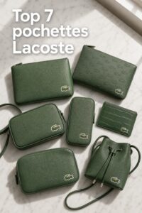 Sept pochettes en cuir de la marque Lacoste avec logo crocodile vert disposées en éventail sur un marbre clair avec un texte en surimpression.
