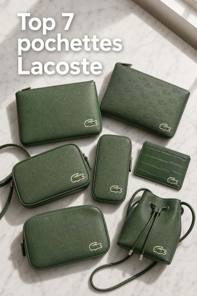 Sept pochettes en cuir de la marque Lacoste avec logo crocodile vert disposées en éventail sur un marbre clair avec un texte en surimpression.