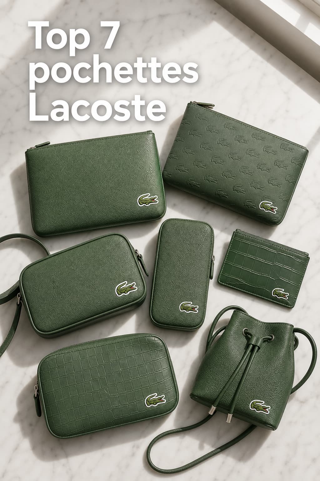 Sept pochettes en cuir de la marque Lacoste avec logo crocodile vert disposées en éventail sur un marbre clair avec un texte en surimpression.