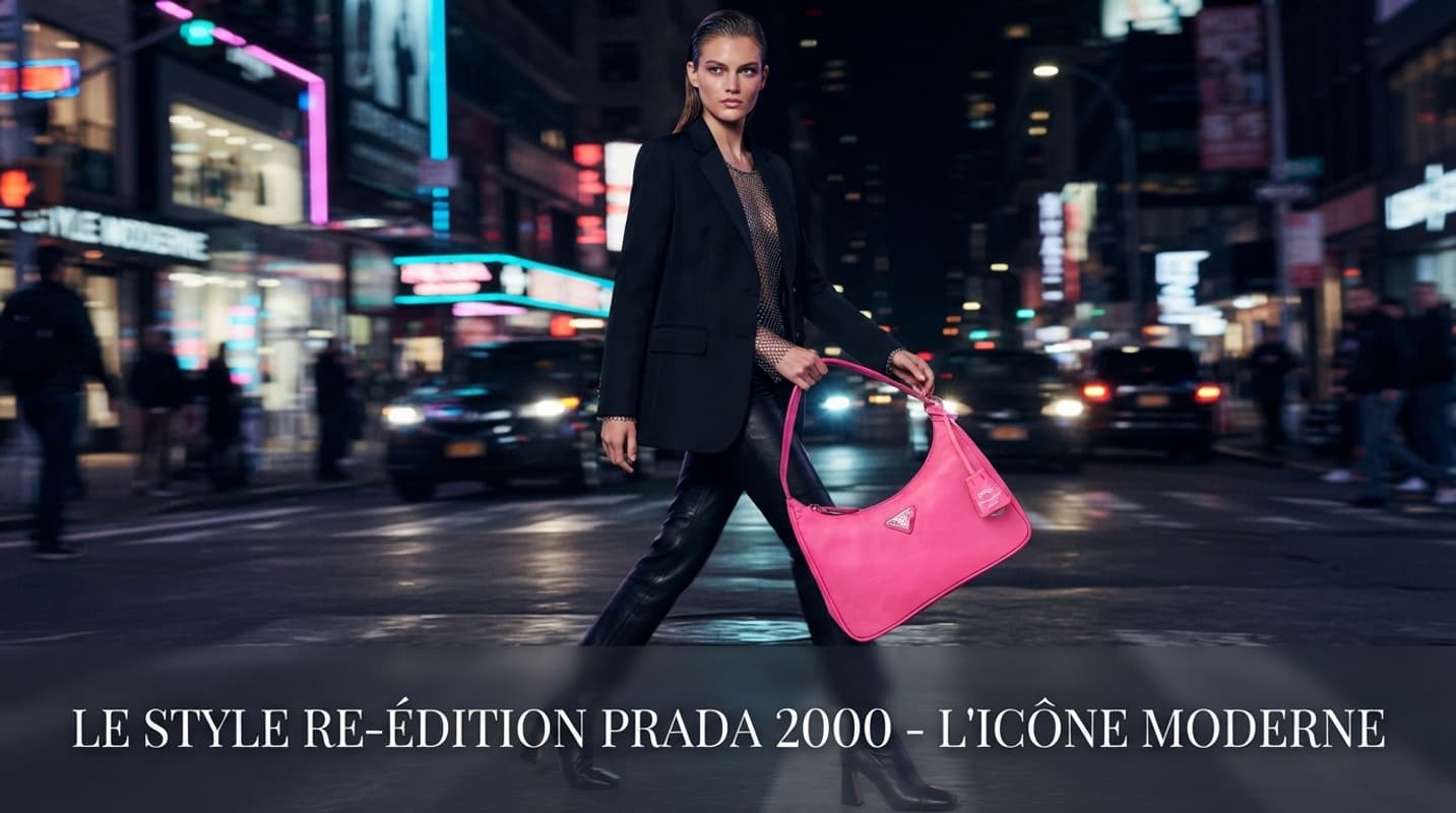 Un mannequin tient un sac Prada Re-Edition 2000 en nylon néon en marchant dans une rue de ville la nuit, avec des reflets de lumières urbaines sur le sac et le texte