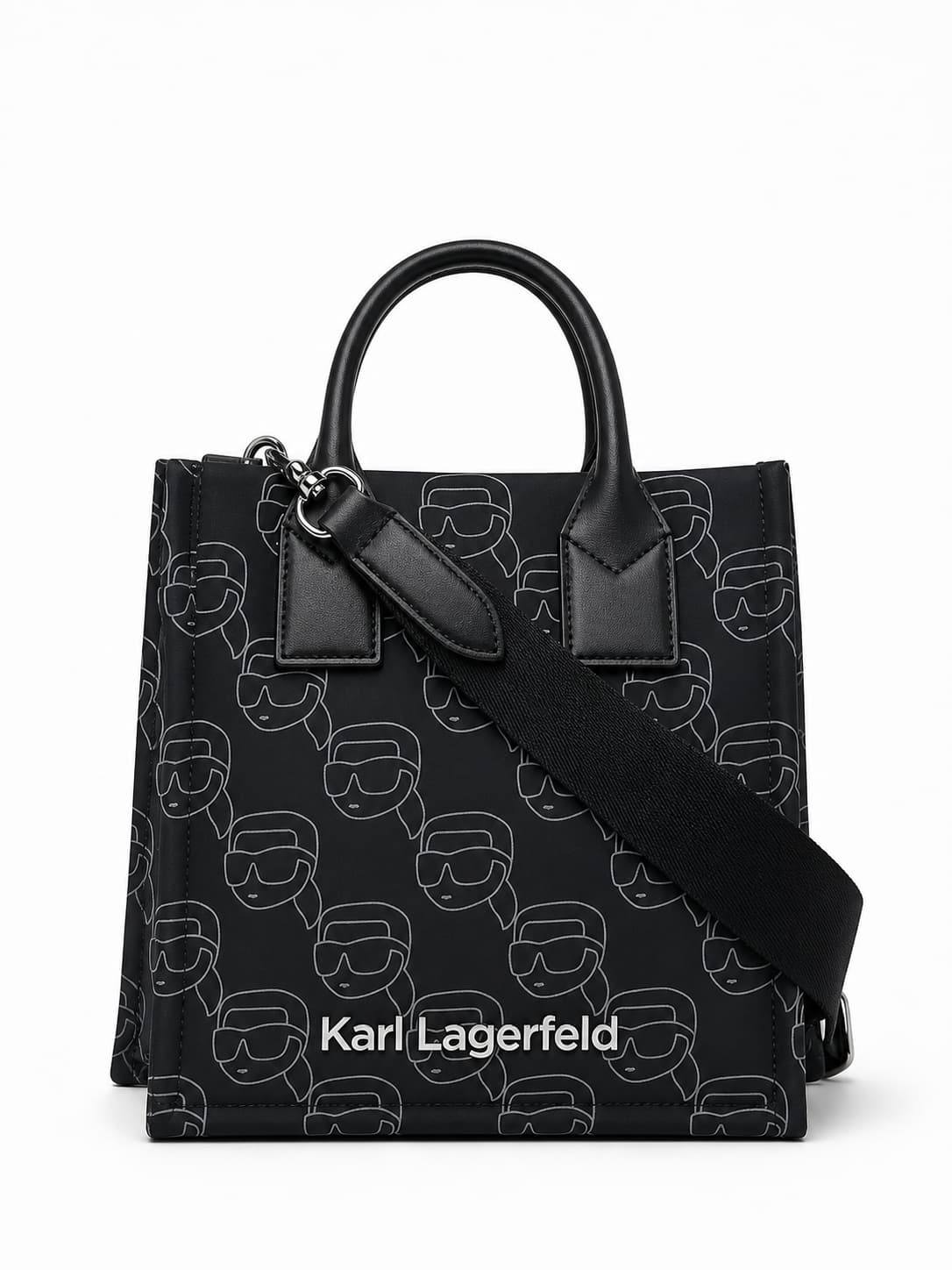 Sac à main noir de la marque Karl Lagerfeld avec un logo graphique et une silhouette structurée, posé sur un fond blanc minimaliste, avec un texte superposé