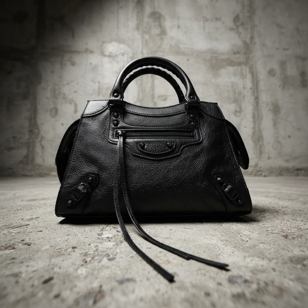 Sac Balenciaga Neo Classic City en cuir noir avec clous et poignées supérieures, vu en contre-plongée sur un fond en béton sous un éclairage dur.
