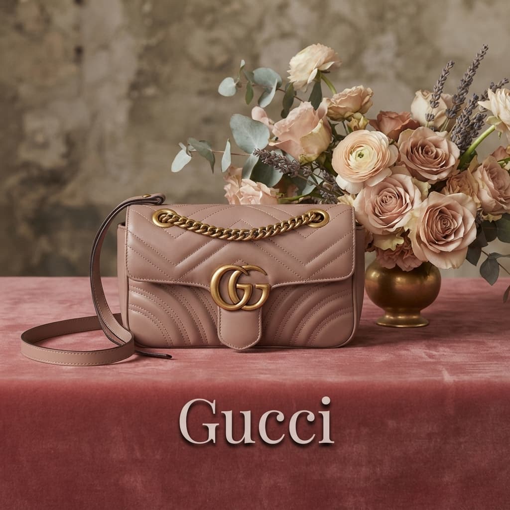 Sac à bandoulière Gucci GG Marmont en cuir matelassé rose poussière posé sur une surface en velours avec des fleurs fraîches à côté, sous un éclairage doux qui met en valeur le matelassage chevron et la quincaillerie double G, avec le texte