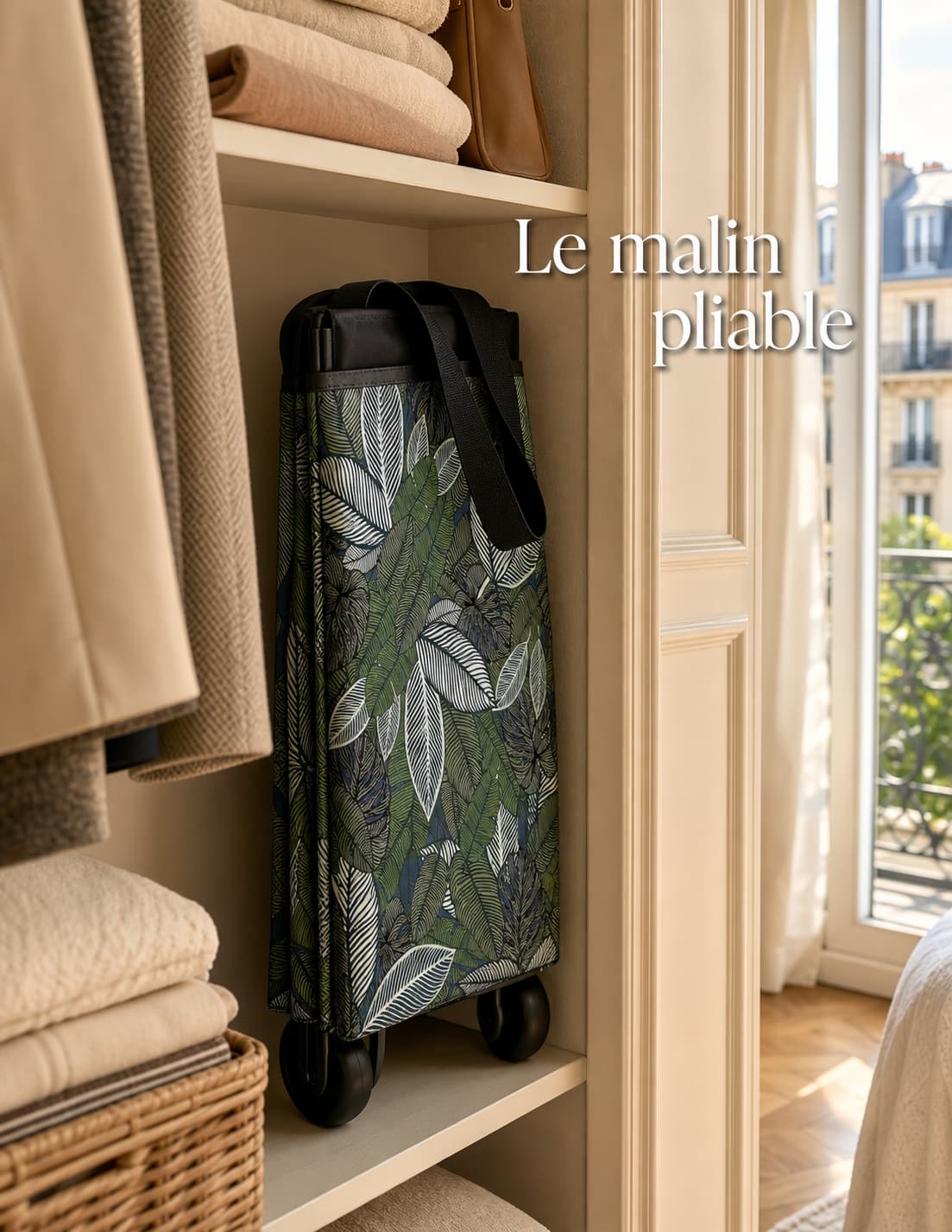 Sac de courses pliable avec imprimé jungle vert vif, rangé dans un placard compact d