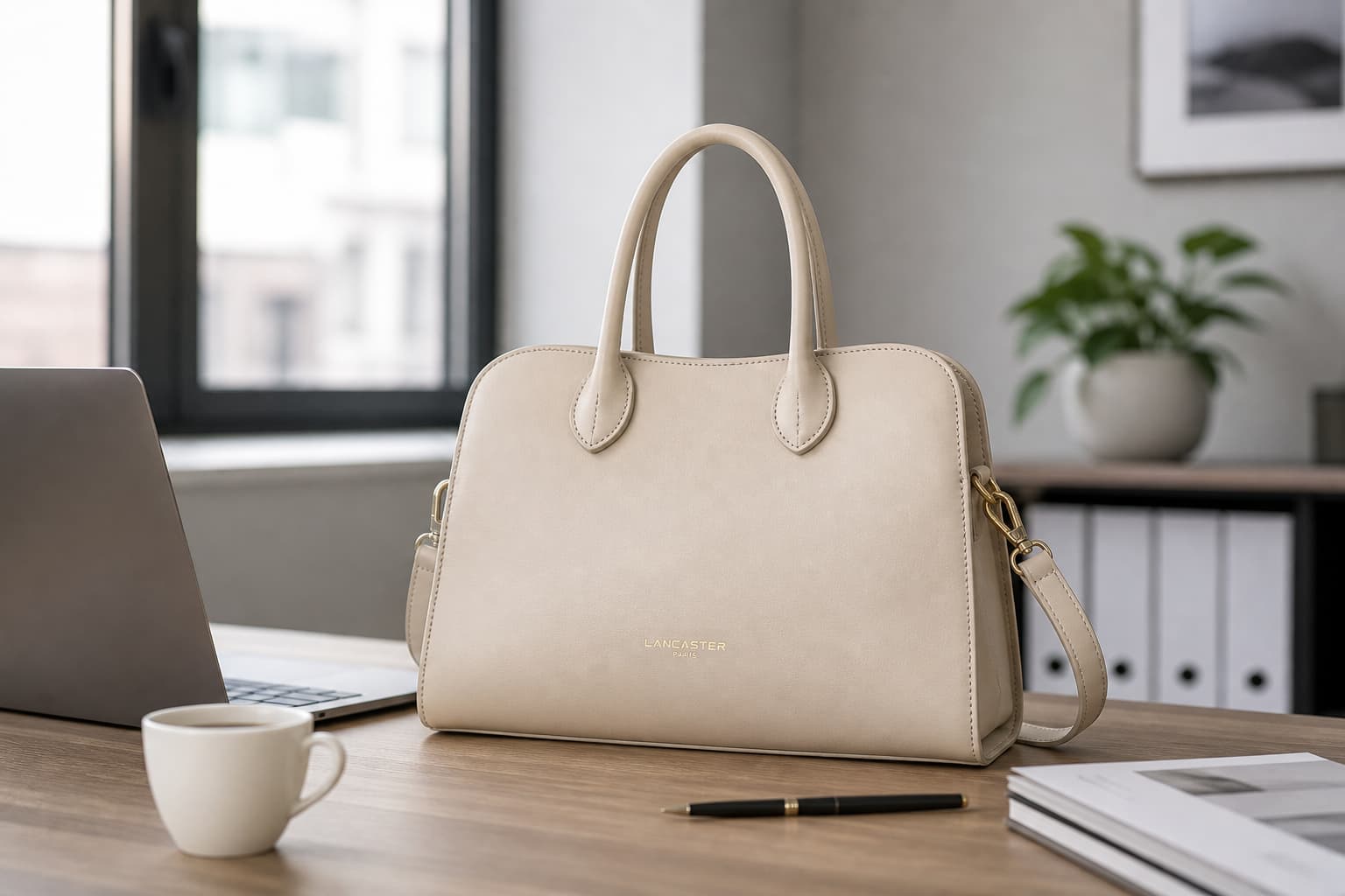 Un sac bandoulière structuré Lancaster Donna Hopper posé sur un bureau à côté d