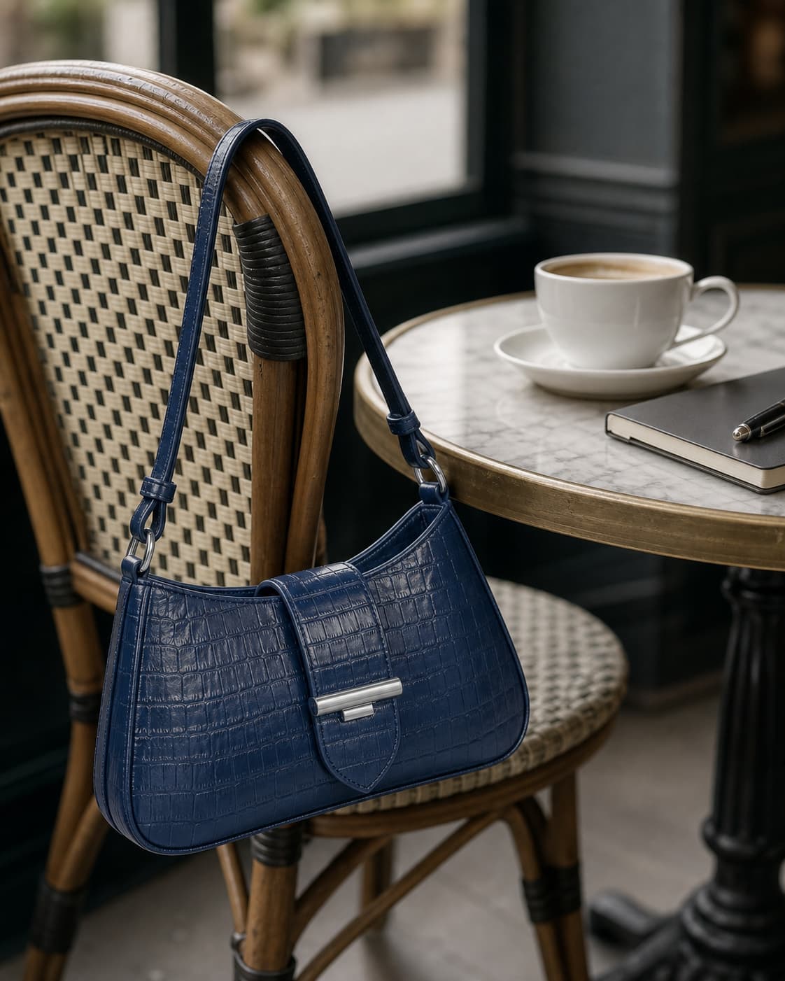 Sac à main Lancaster Exo Ily bleu marine à la forme courbée suspendu à une chaise dans un café, avec une tasse et un carnet posés sur la table.