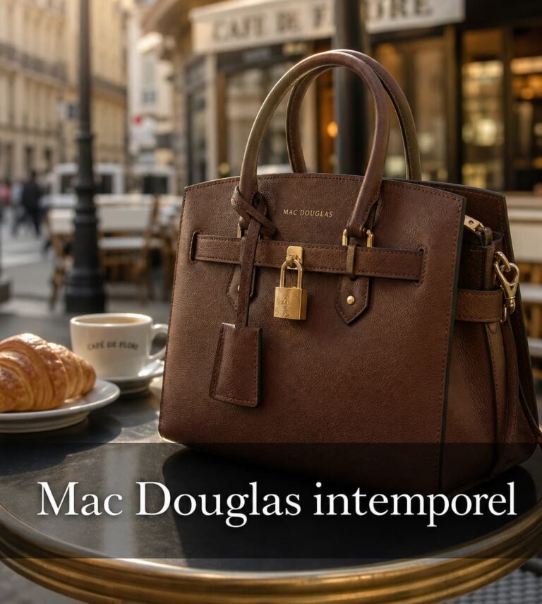 Un sac en cuir Mac Douglas posé sur une table de café parisien, avec un croissant et un café en arrière-plan, lumière douce du matin, faible profondeur de champ, et le texte 'Mac Douglas intemporel' superposé avec ombre portée sur un calque semi-transparent.
