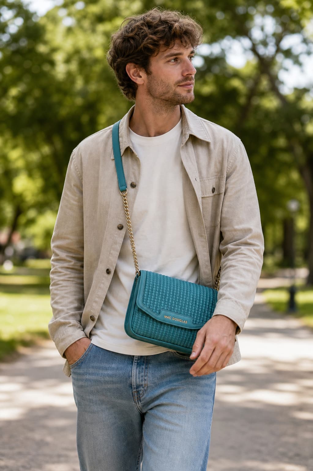 Un homme portant un sac crossbody Mac Douglas Kiribati BRYAN marche dans un parc sous une lumière naturelle.