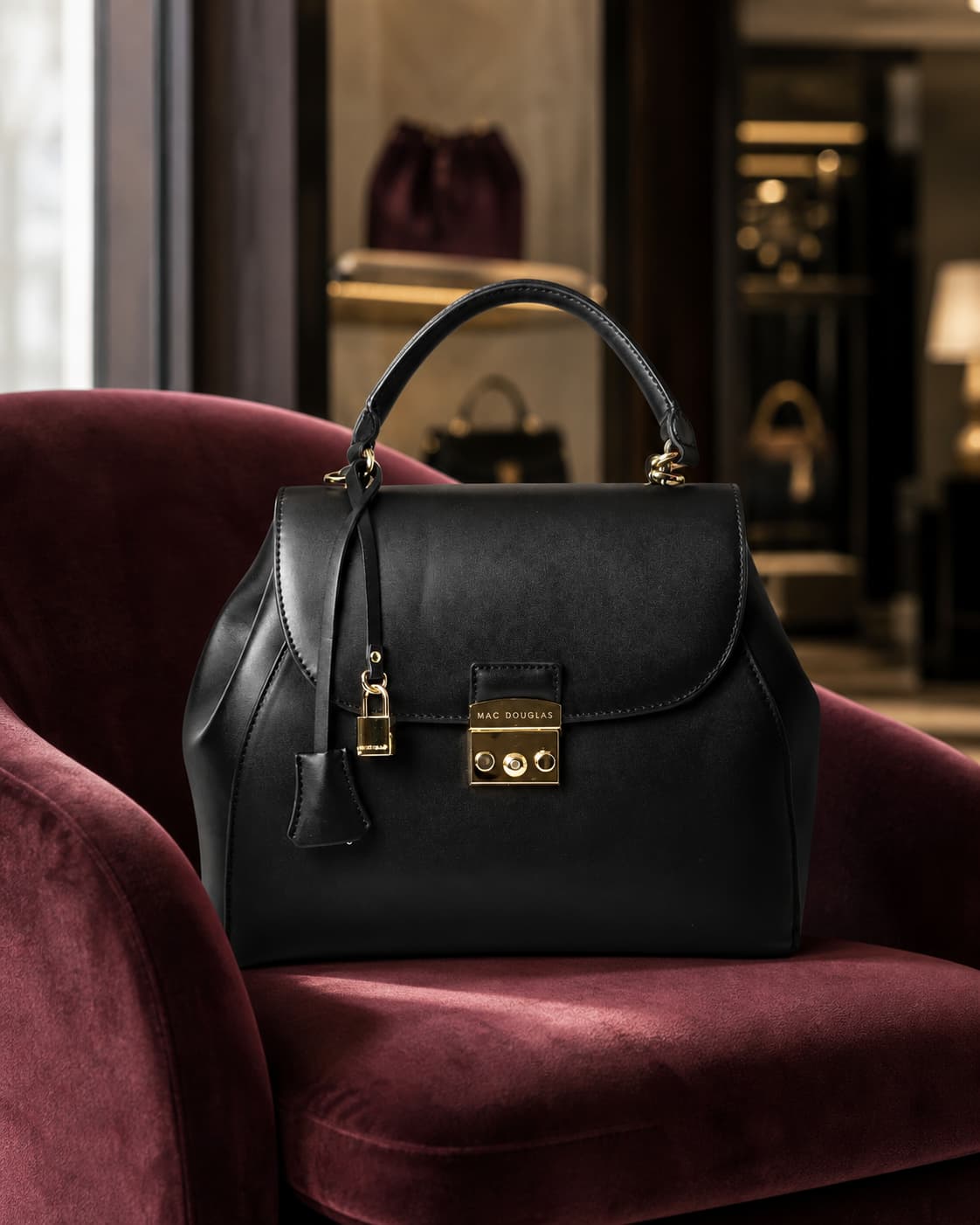 Sac à main en cuir noir Mac Douglas Rio MERYL élégamment posé sur une chaise en velours dans une boutique de luxe, éclairé par une douce lumière de fenêtre.