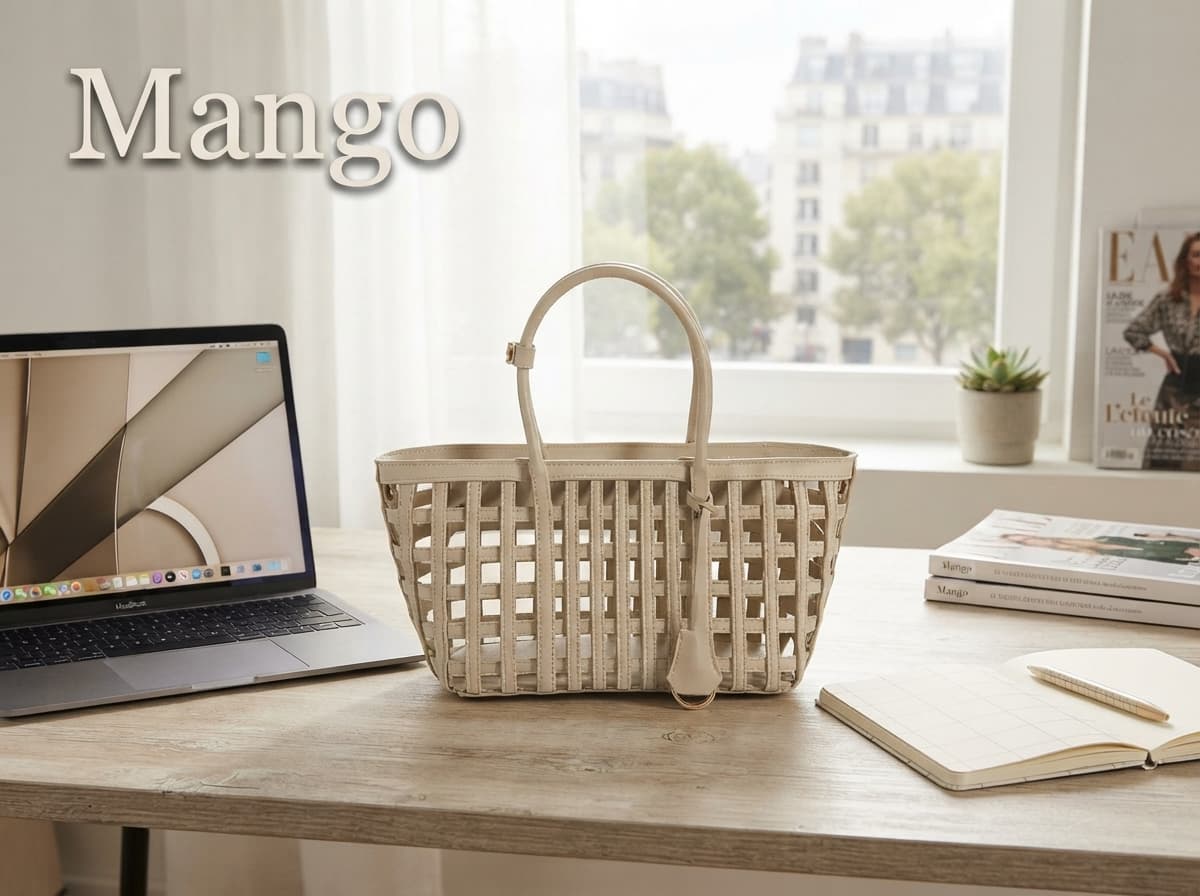 Sac à main structuré Mango en cuir synthétique crème posé sur un bureau à côté d
