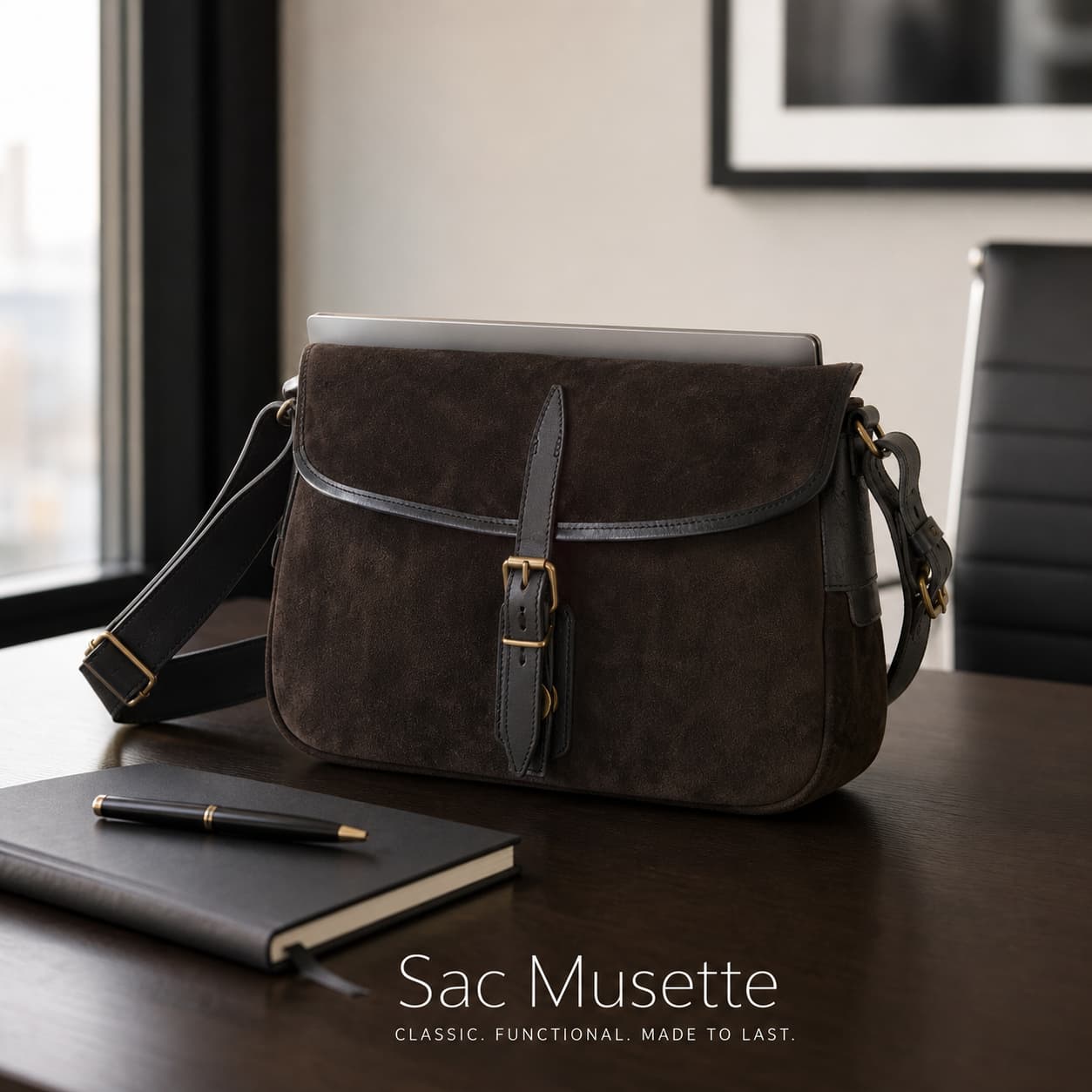 Sac messager en cuir marron foncé avec quincaillerie en laiton, posé sur un bureau moderne avec un carnet et un stylo, un ordinateur portable dépassant du dessus, éclairé par une lumière douce de fenêtre, avec le texte