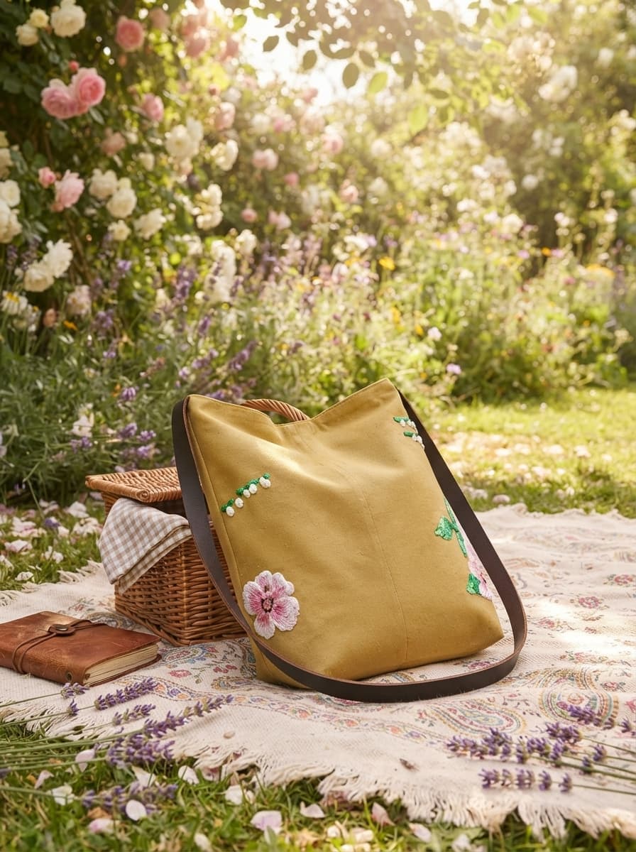 Sac Petite Mendigote Adèle en tissu brodé posé sur une couverture de pique-nique dans un jardin fleuri, avec la lumière du soleil filtrant à travers les feuilles.