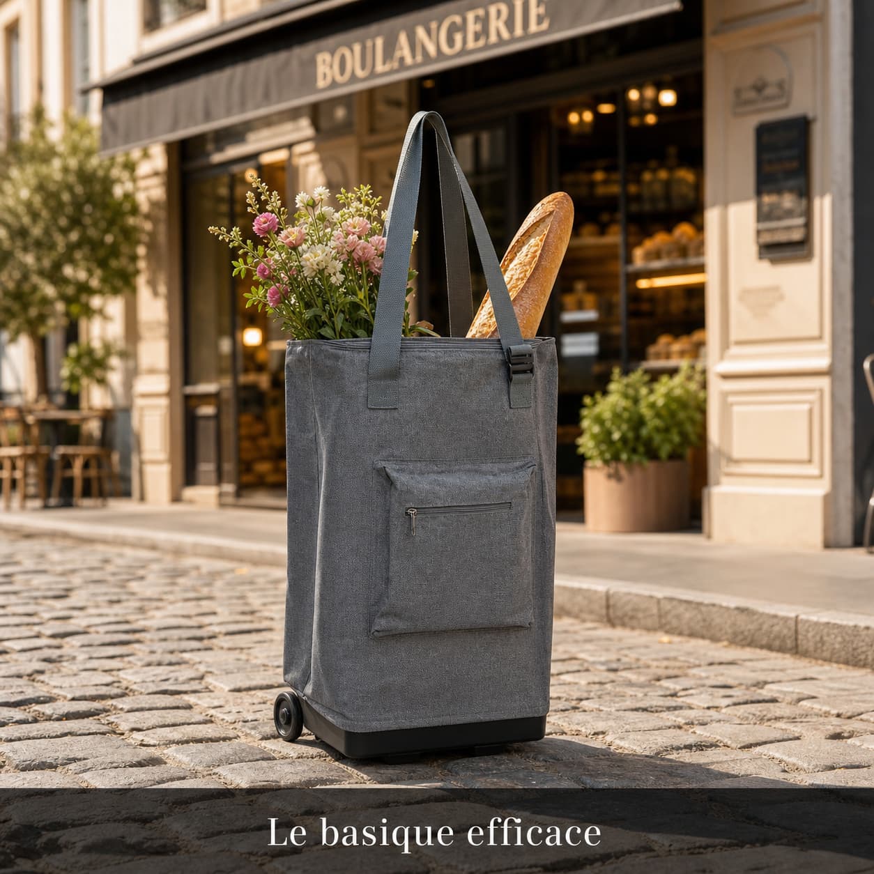 Un sac de shopping gris à deux roulettes sur une rue pavée ensoleillée, avec une baguette et des fleurs dépassant, arrière-plan flou de boulangerie.