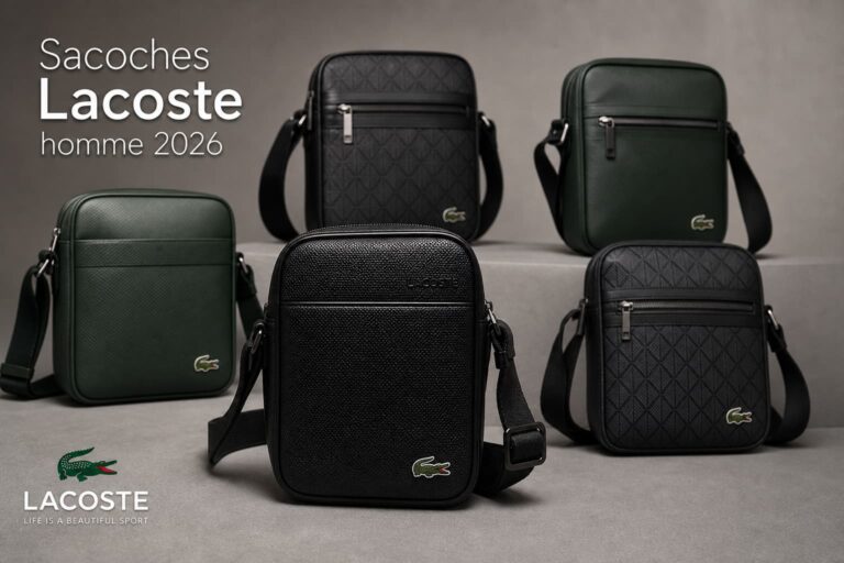 Une sélection de sacoches homme Lacoste en cuir et toile disposées sur fond gris neutre, avec logo crocodile, éclairage soulignant la texture piquée et le monogramme, faible profondeur de champ sur le sac central, et texte blanc superposé 'Sacoches Lacoste homme 2026' avec ombre portée.