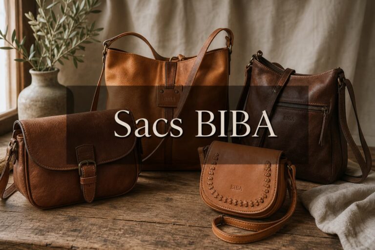 Plusieurs sacs en cuir BIBA de couleurs marron et tan disposés sur une table en bois rustique avec un fond en lin, éclairés par une lumière naturelle douce, avec un texte superposé 'Sacs BIBA' en ombre portée sur un fond sombre semi-transparent.