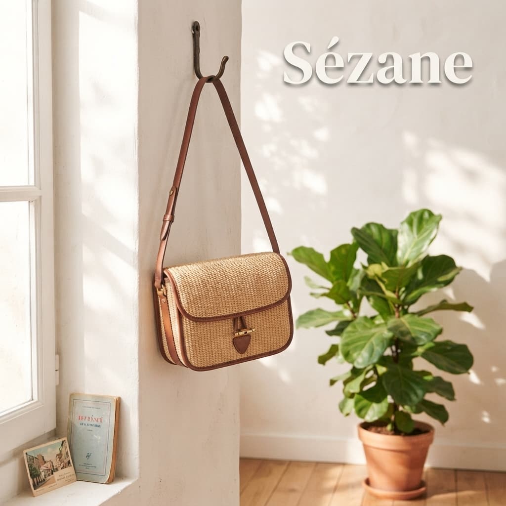 Sac Sézane Milo en raphia suspendu à un crochet dans une pièce lumineuse aux murs blancs, avec une plante verte et le texte