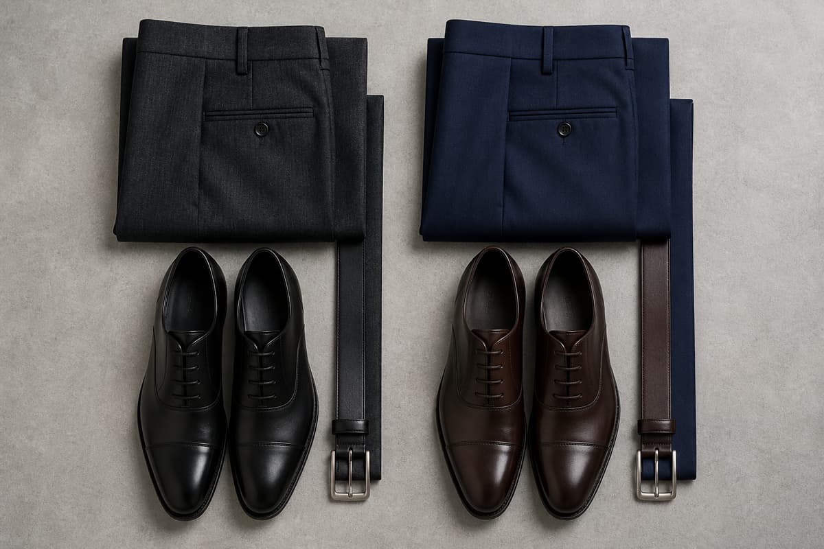 Présentation de deux ensembles formels associant tissus de costume sombre et bleu marine avec leurs ceintures et chaussures en cuir noir et marron foncé assorties.